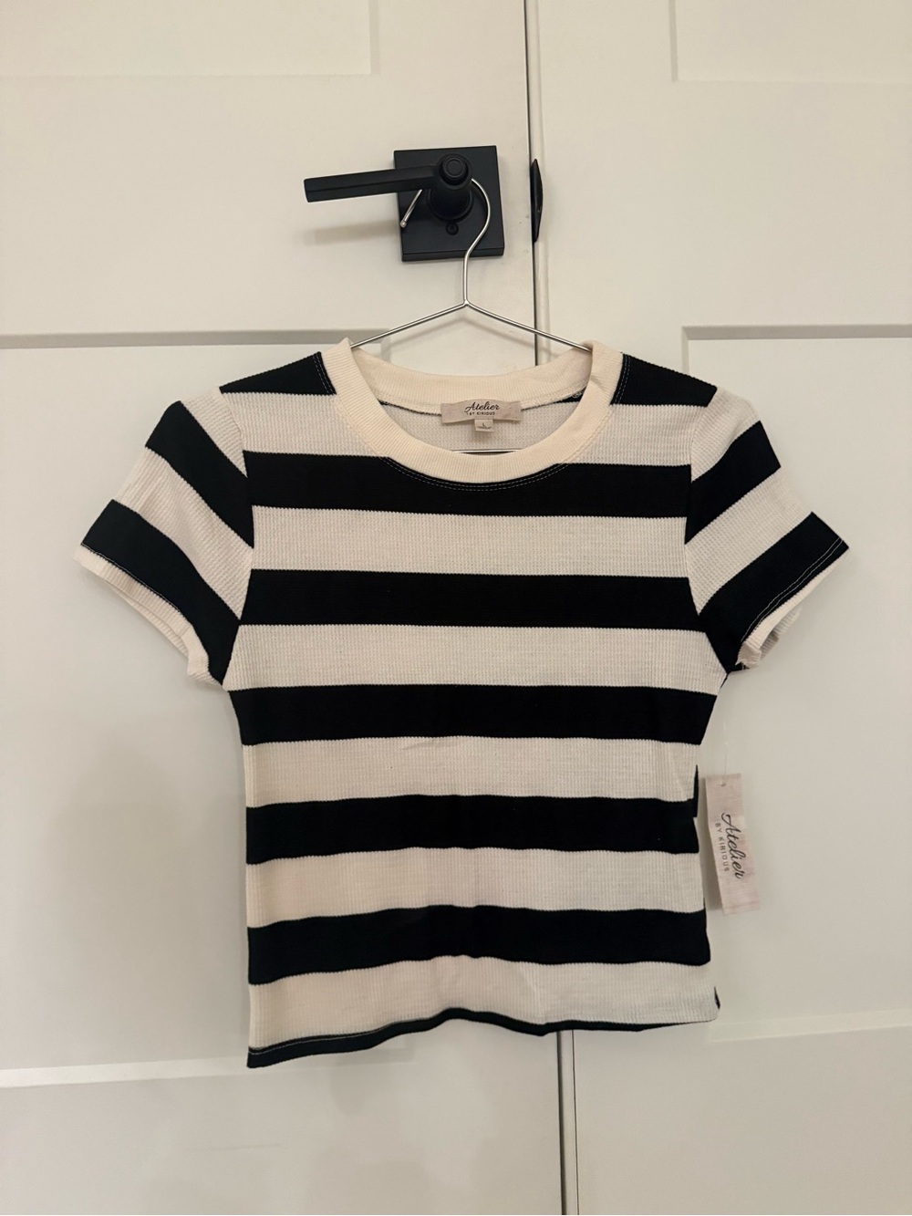 Alia Black & Cream Striped Short Sleeve Crew Tee